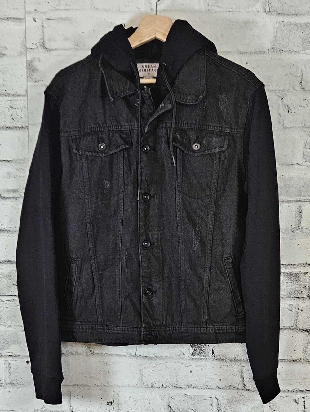 Urban Heritage Mens Black Denim Hoodie Jacket Medium Distressed Streetwear
